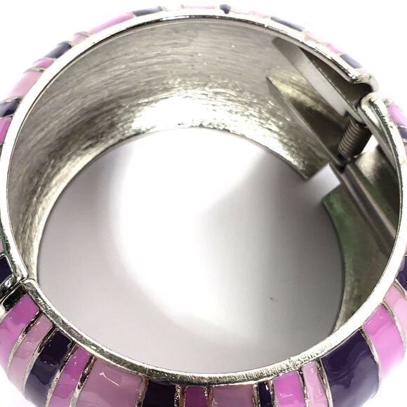Pink Purple 1.5" Wide Clamper Bracelet Silver Tone Metal Chunky Domed Striped - Picture 5 of 9